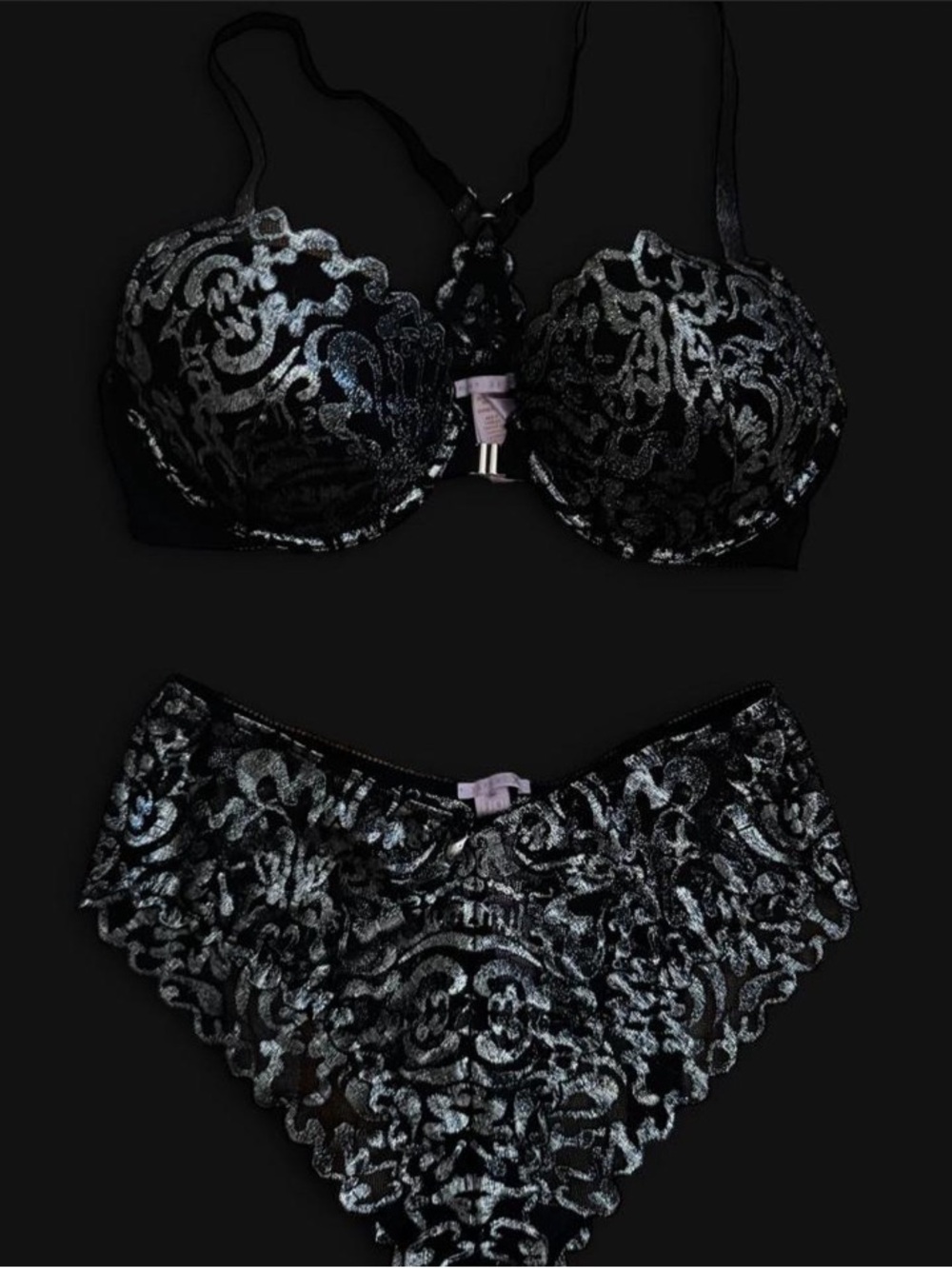Savage X Fenty Black & Silver Embroidered Lace Push-Up Bra and Brief Set